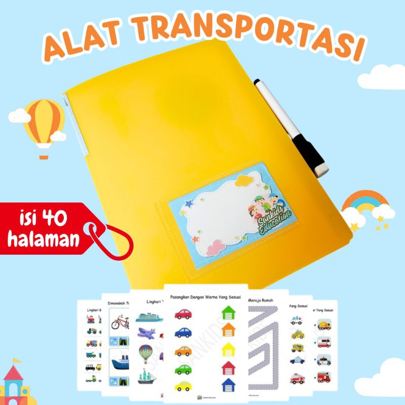 40 halaman buku worksheet kegiatan belajar menyenangkan untuk anak, tema "alat transportasi"