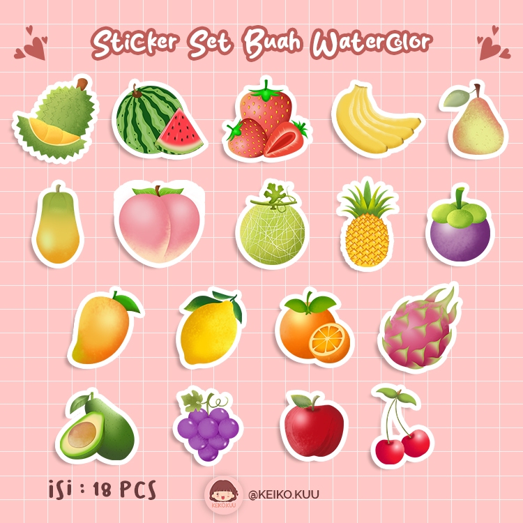 

18 PCS STIKER BUAH WATERCOLOR | STIKER WATERPROOF