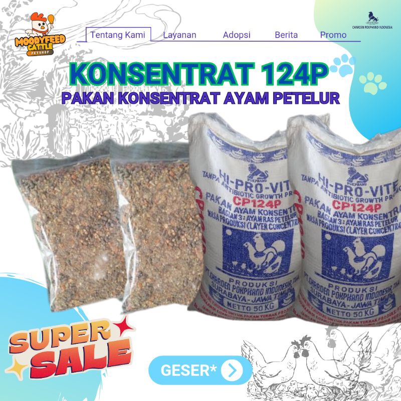 Pur Konsentrat Ayam Ras Petelur 124P PT. Charoen Pokphand - Pakan Ayam Petelur Protein 34% Repack Ke
