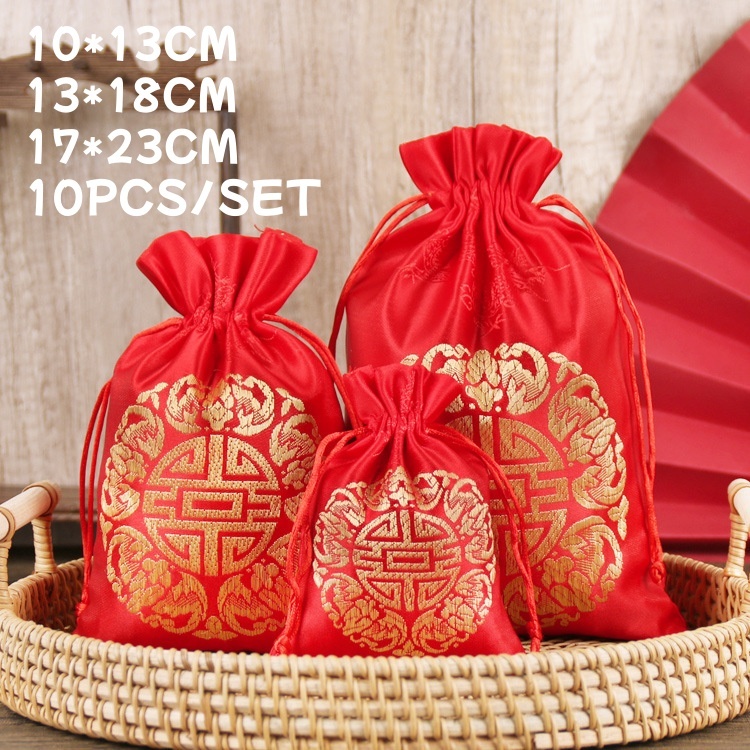 

10 PCS Kantong Serut Souvenir Wedding Suang Pouch Serut Motif Chinese Xi Wedding Candy Bag