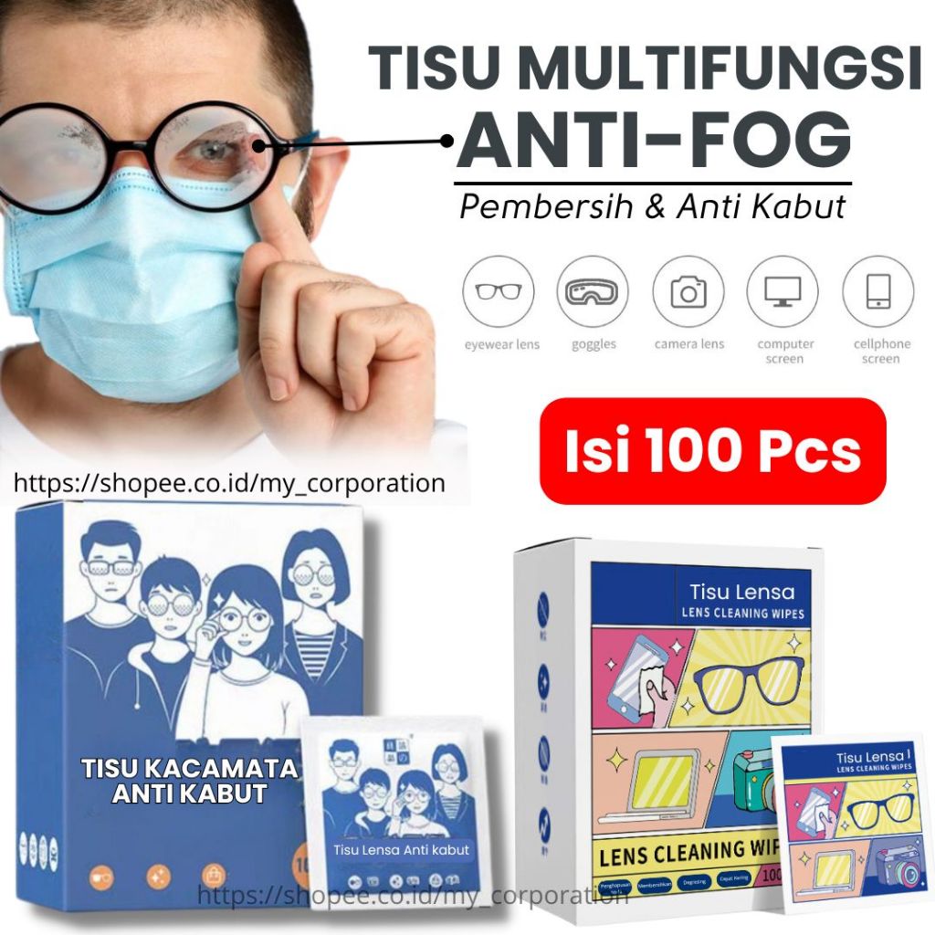 Tisu Pembersih Lensa Kaca Mata ANTI FOG Embun Uap Universal 100pcs Box