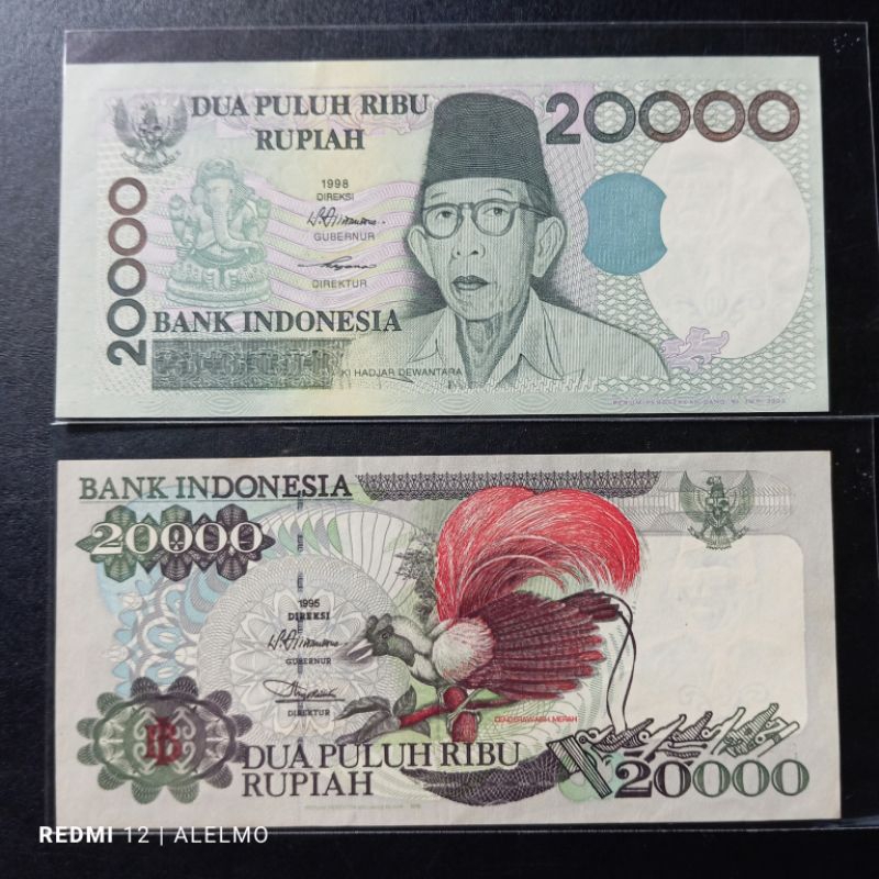 2 lembar uang kertas kuno indonesia variasi 20000 tahun 1995&1998 seperti baru utuh asli