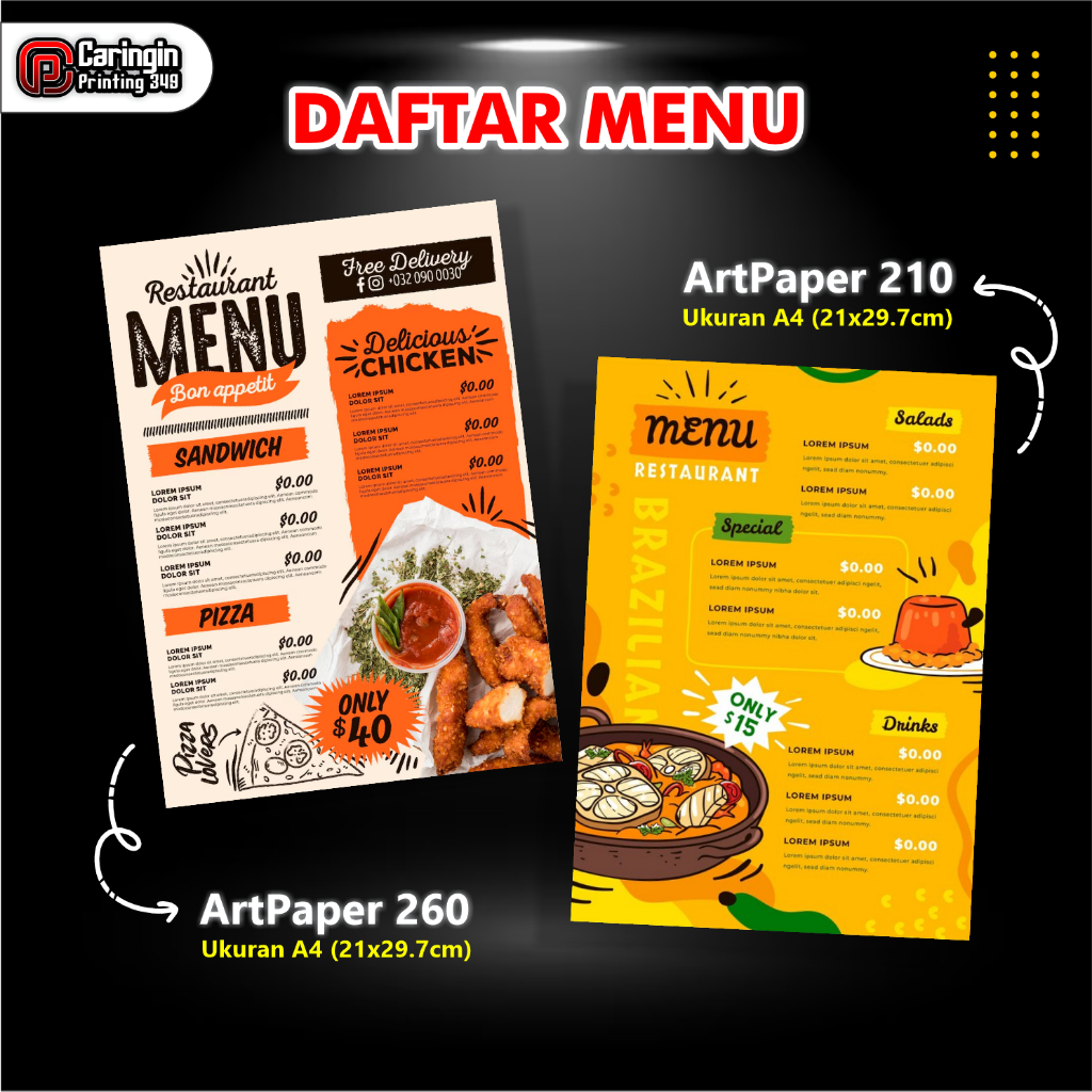 CETAK DAFTAR MENU bisa riquest desain (PRINT MENU MAKANAN/MINUMAN/CAFE/RESTO/WARNAS/DAN LAIN LAIN)