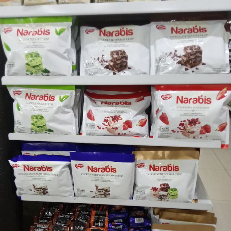 

Naraya Narabis Nougat dengan Kukis dan Teh Hijau, Kukis dan Cokelat, Kukis dan Stawbery, Nougat dengan Kukis, Aneka Nougat dengan Kukis berat bersih 200gr