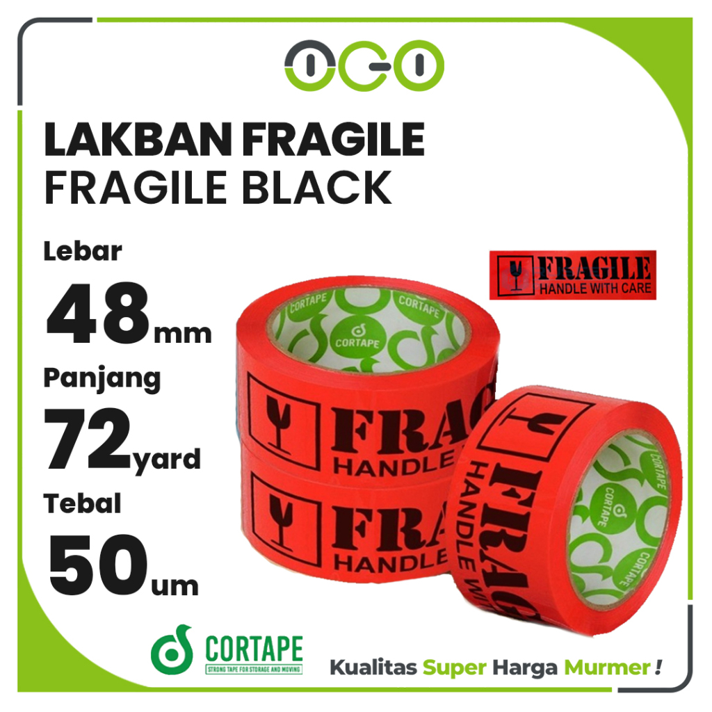 Lakban Fragile Merah Hitam 48mm x 72yard OPP Tape / Selotip 2inch Cortape Harga Satuan Ecer Cortape