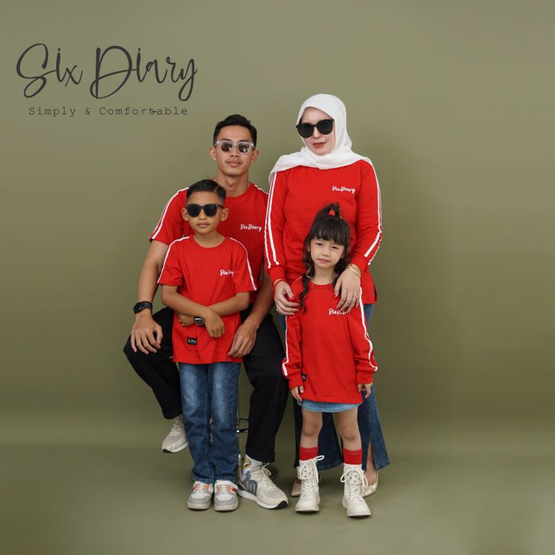Baju Kaos Set Family | Kaos Couple Keluarga Six Diary Original Terbaru Merah Lis Putih