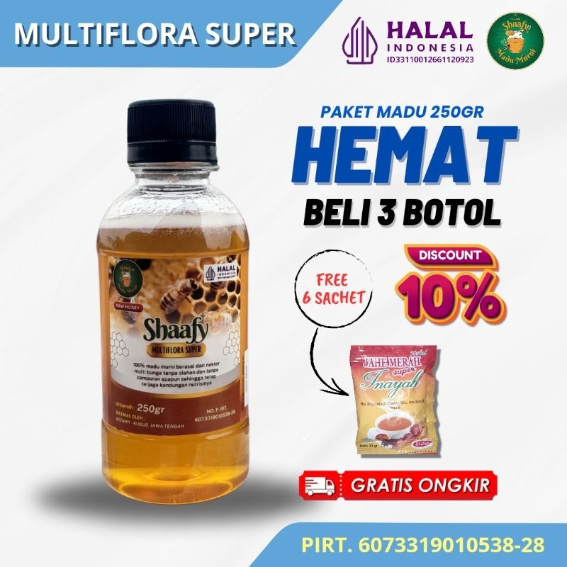 

Madu mentah asli 100% murni multiflora super 250gr paket 3 botol