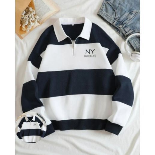 KODE T93K RUGBY NY BROOKLYN SWEATER STRIPE NY SWEATER KERAH SWEATER KOMBINASI PRIA WANITA