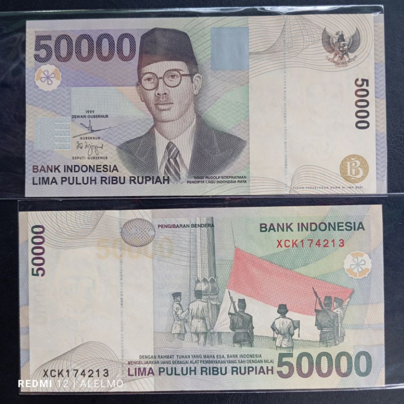 seri x uang kertas kuno 50000 rupiah wr supratman tahun 1999