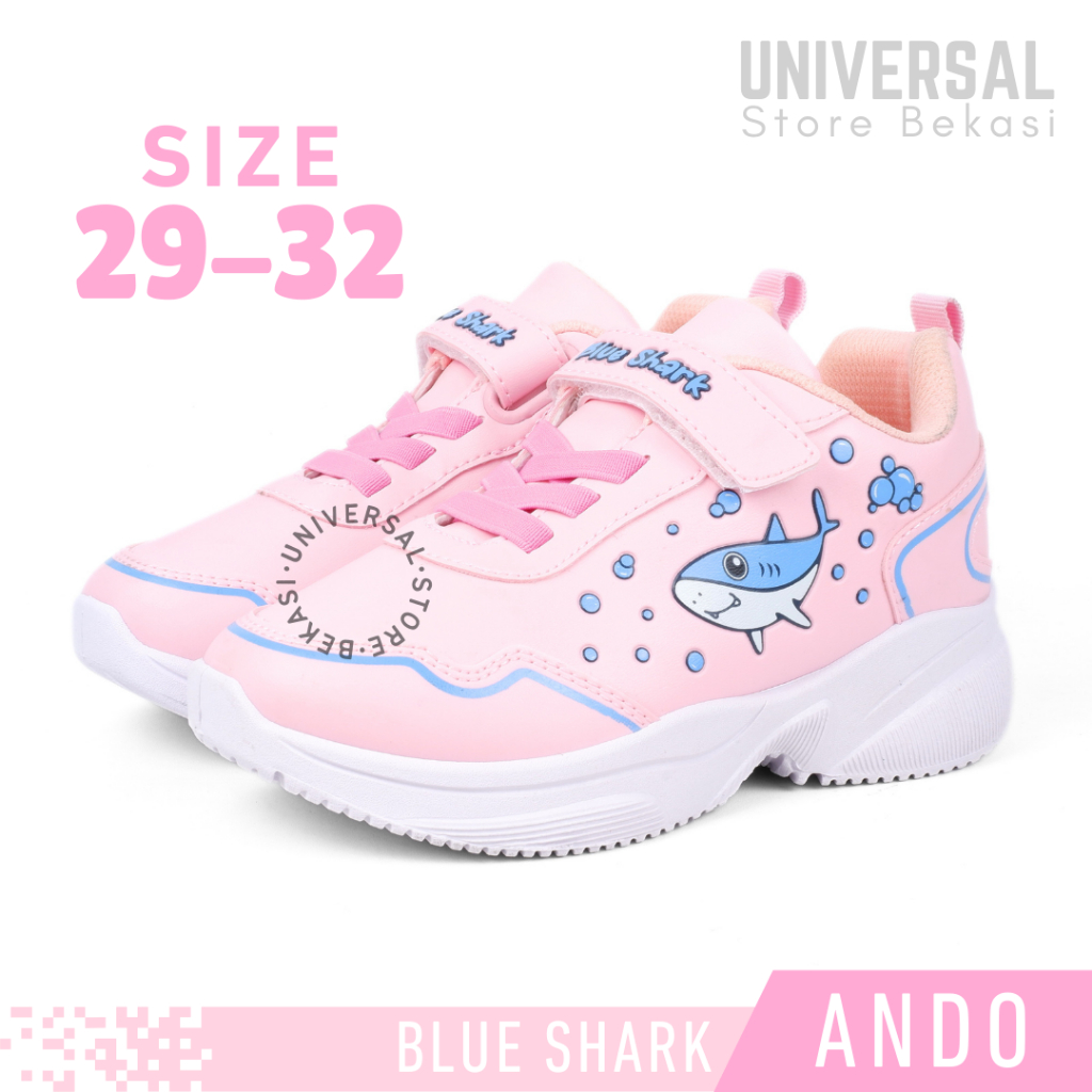 Sepatu Sekolah Anak Perempuan TK SD PAUD Kekinian Ando Blue Shark Pink Peach Perekat Slip On