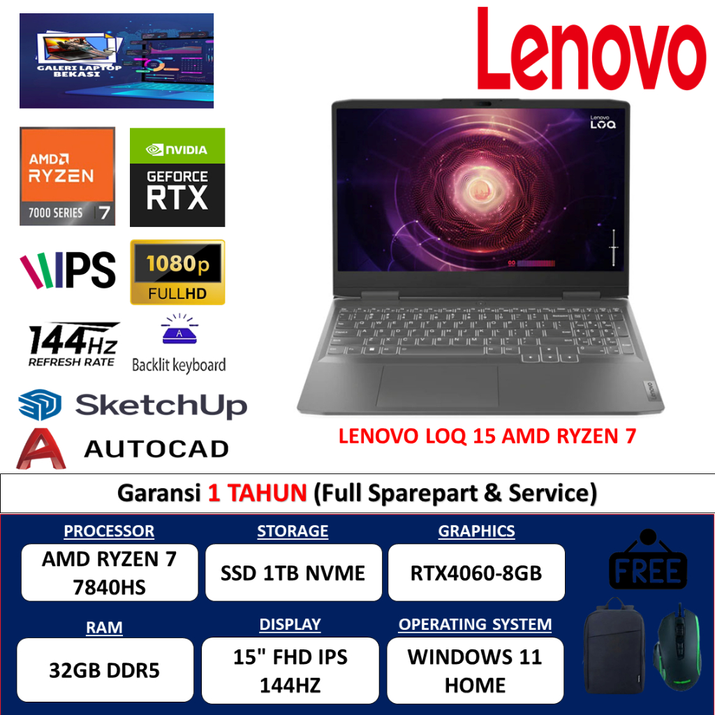 LAPTOP LENOVO LOQ 15 AMD RYZEN 7 7840HS 32GB 1TB DDR5 RTX4060-8GB 15" FHD IPS 144HZ WIN11 HOME