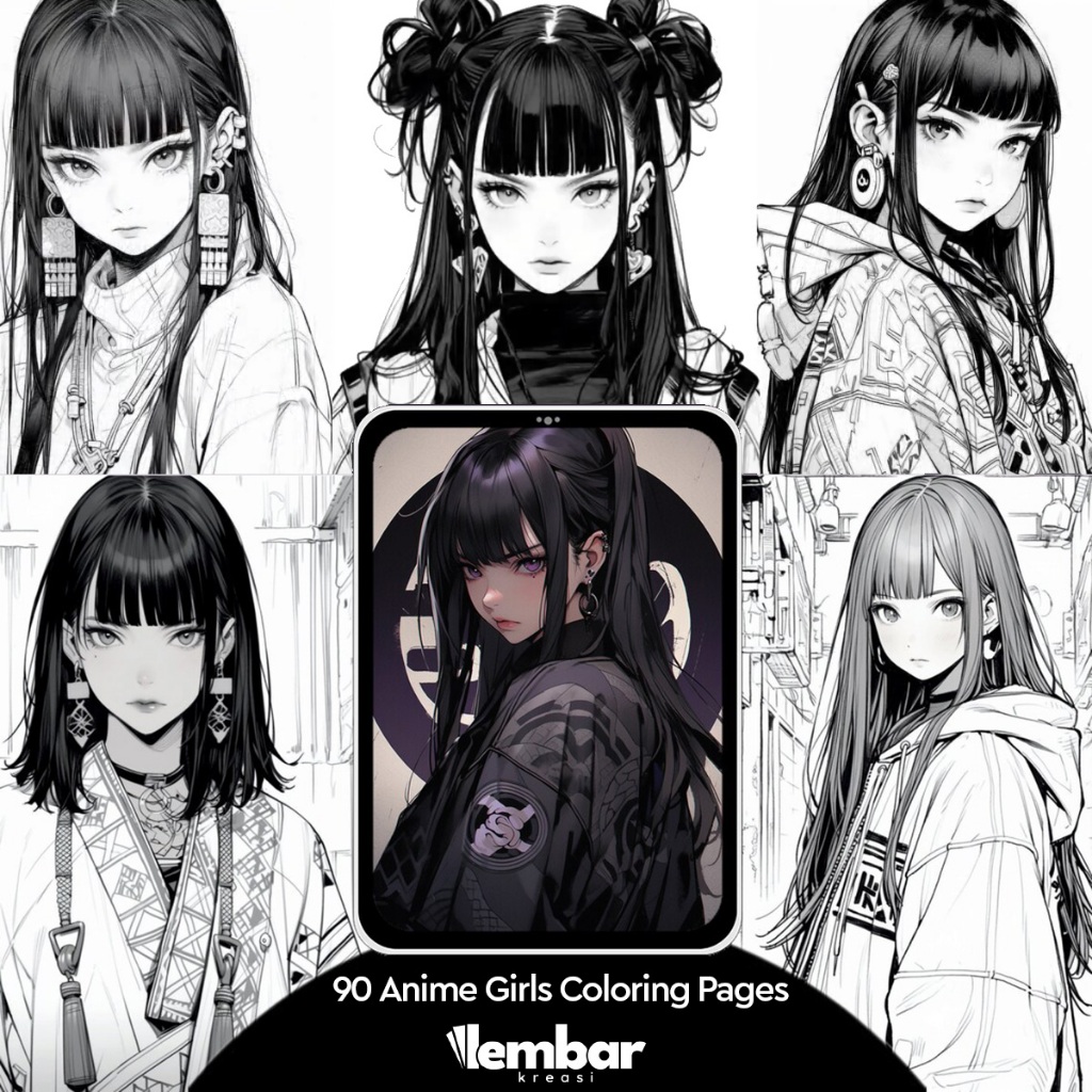 

90 Pages Buku Mewarnai Dewasa - Printable Adult Coloring Book - Digital Download - Anime Girls