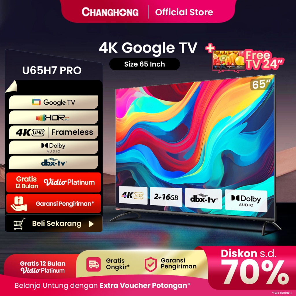 【BELI TV GRATIS TV】Google TV Changhong 65 Inch 4K  UHD Smart Digital LED TV-Google Assistant-UHD-Wif