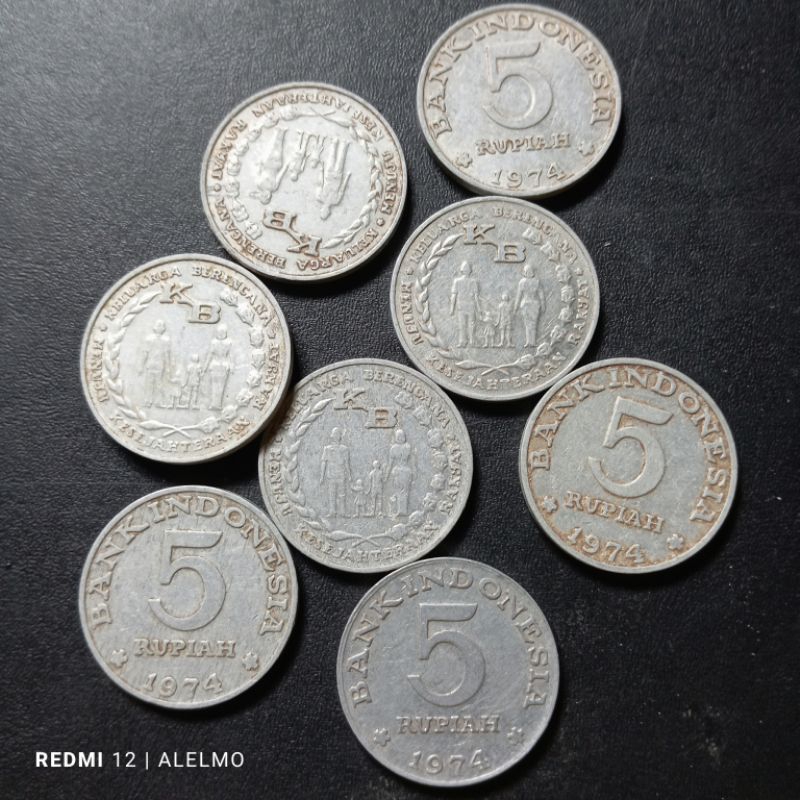 uang koin kuno 5 rupiah KB tahun 1974 bekas detail asli