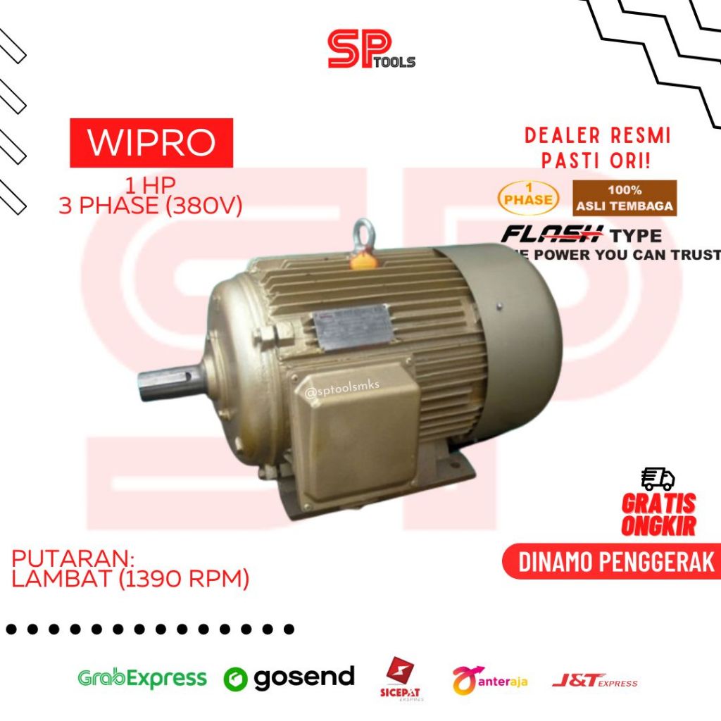 DINAMO ELEKTROMOTOR PENGGERAK LISTRIK 1HP 3 PHASE 380V 1390RPM PUTARAN LAMBAT WIPRO