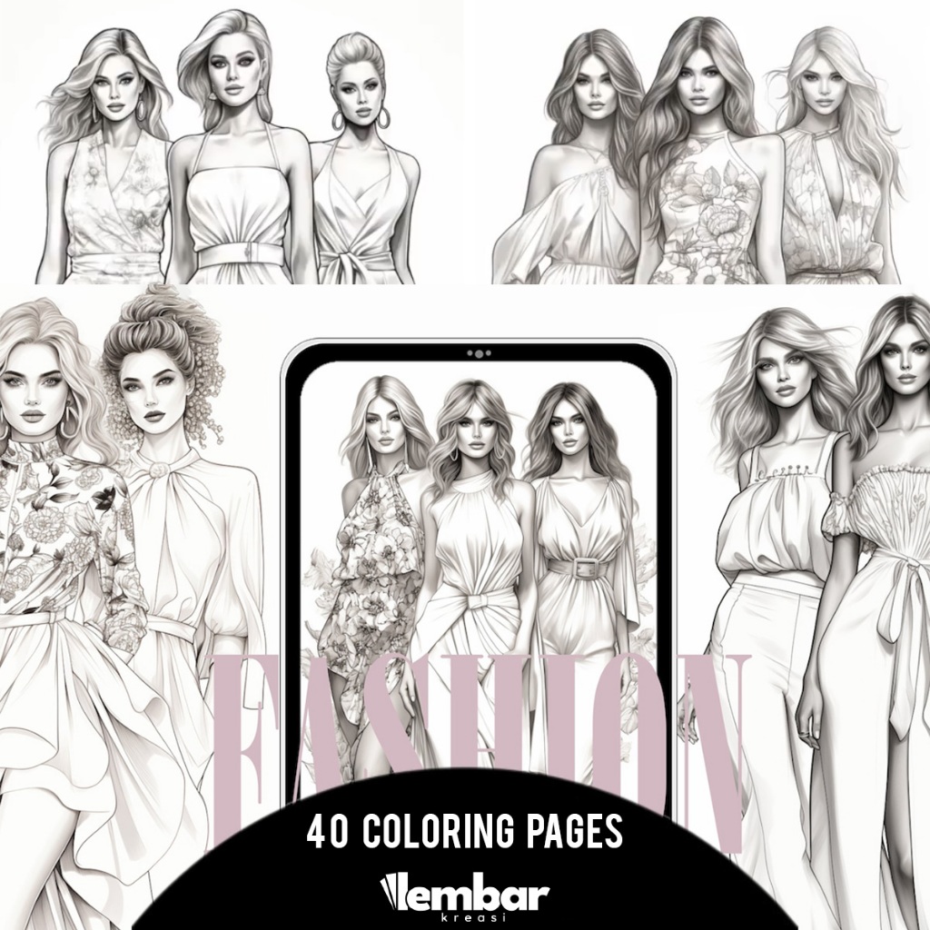 

40 Pages Buku Mewarnai Dewasa - Printable Adult Coloring Book - Digital Download - Fashion Models
