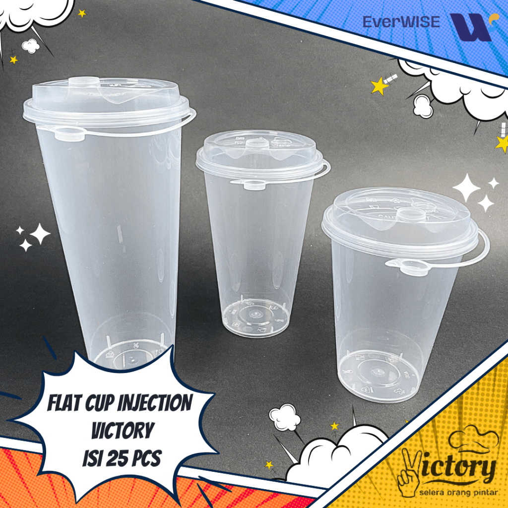 Flat Cup Injection VICTORY Tutup Sambung / Gelas Plastik Cup 14 oz 16 oz 24 oz Isi 25 pcs