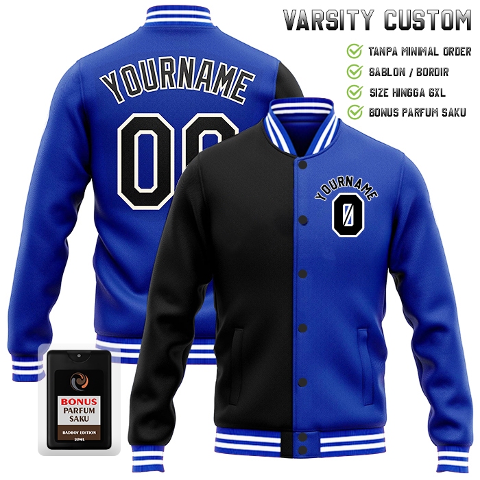 Varsity Custom Bordir 2D BIRU HITAM Jaket Bomber Sweater Baseball Oversise