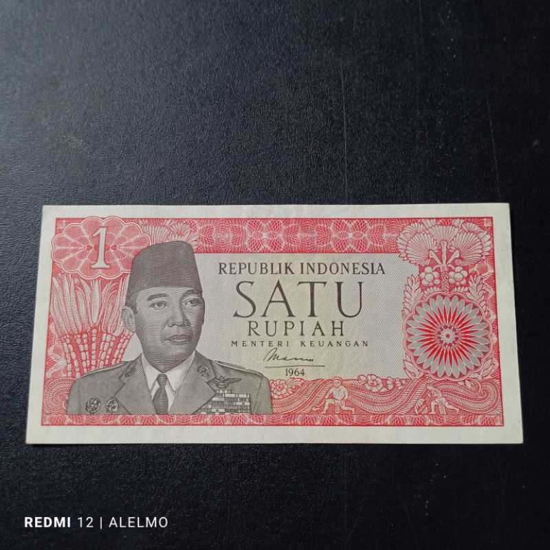 uang kertas kuno 1 rupiah sukarno tahun 1964 seperti baru utuh asli