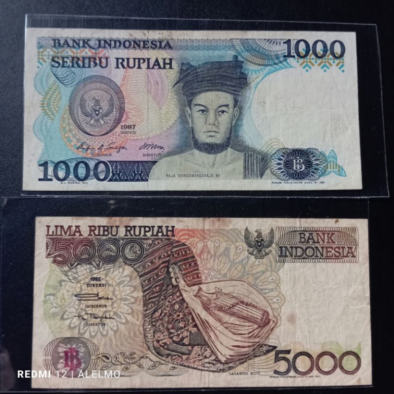 2 lembar uang kertas kuno indonesia 1000&5000 rupiah bekas asli