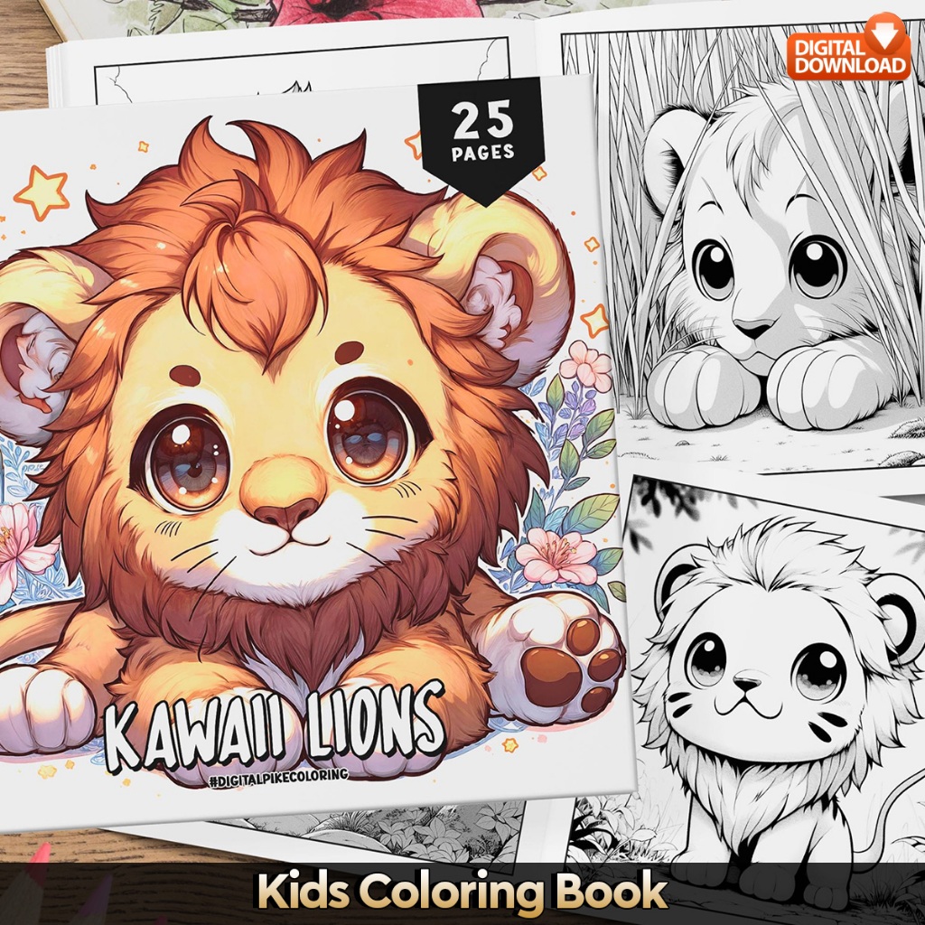 

25 Pages Buku Mewarnai Anak - Digital Download - Printable Kids Coloring Book - Kawaii Lions