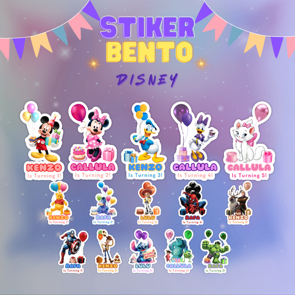 

(Disney) Cetak Sticker Bento Custom Sticker Bento Birthday Anak I Label Sticker Bento Birthday Custom Tema