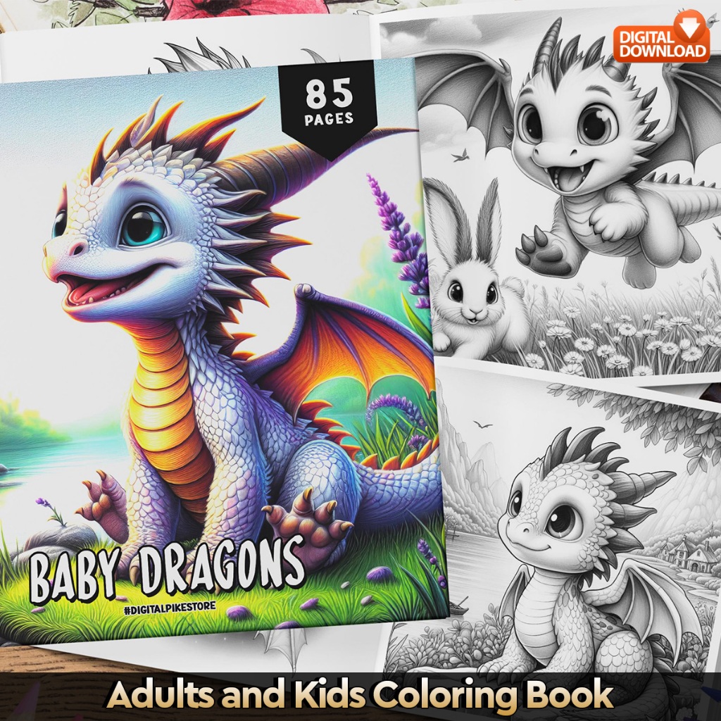

85 Pages Buku Mewarnai Dewasa - Digital Download - Printable Adult Coloring Book - Baby Dragon