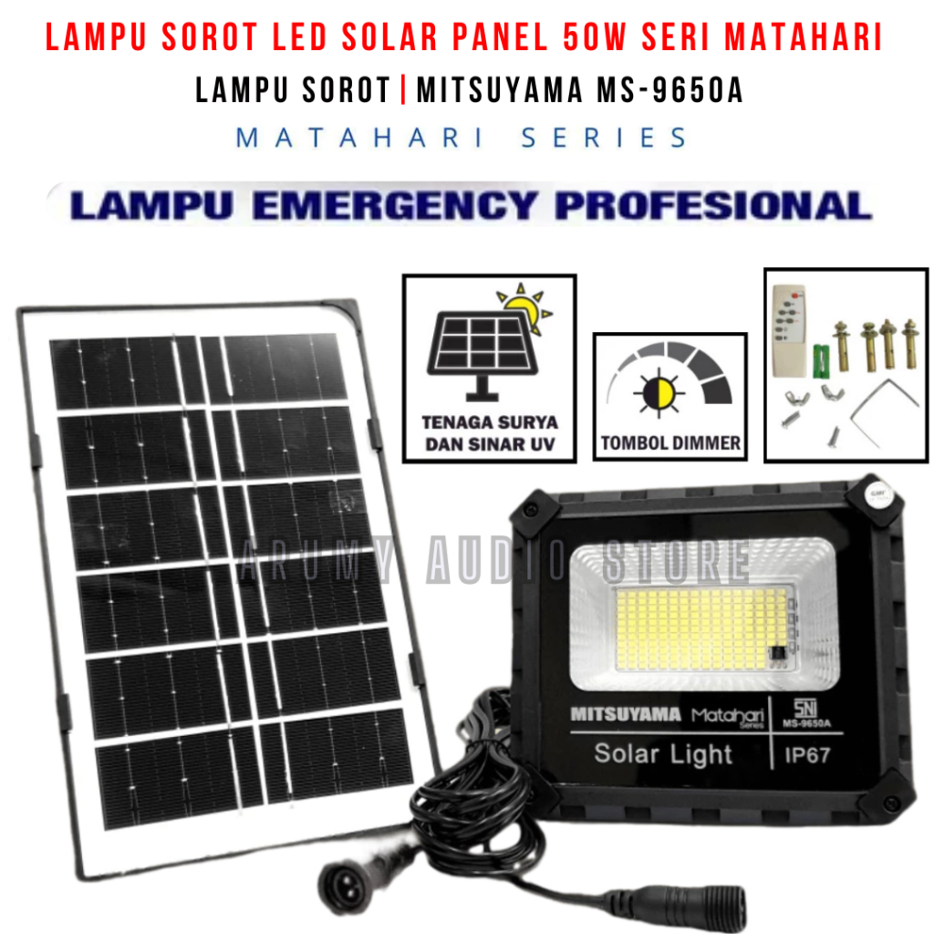 MS-9650A Lampu Sorot Solar Panel 50 Watt Mitsuyama + remote | Lampu Sorot LED Solar Panel 50W Seri M