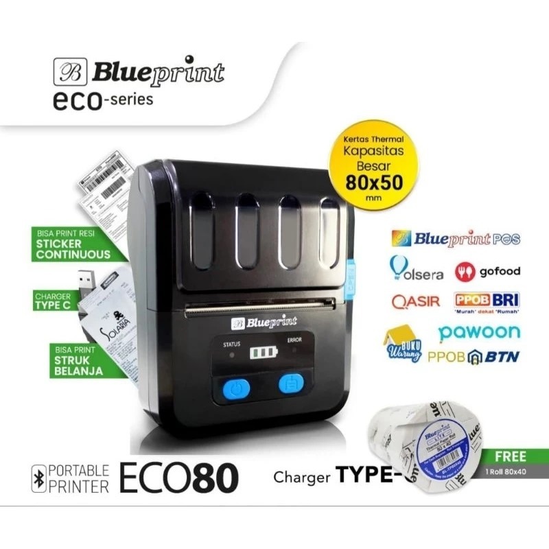 Printer Thermal Blueprint ECO80 80mm Portable Bluetooth dan usb - Printer thermal label Eco 80 Bater