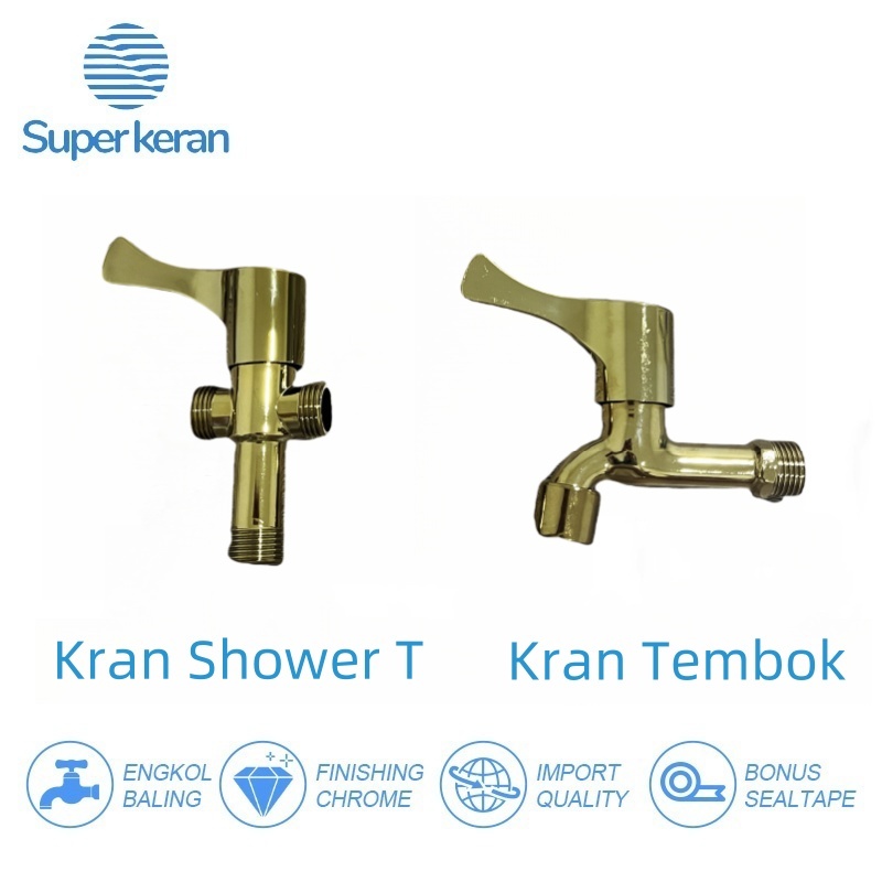 Kran Air Kran Tembok 1/2Inch Gold Kran Shower T Stop Cabang Kamar Mandi Keran Air Cabang 2 Wastafel
