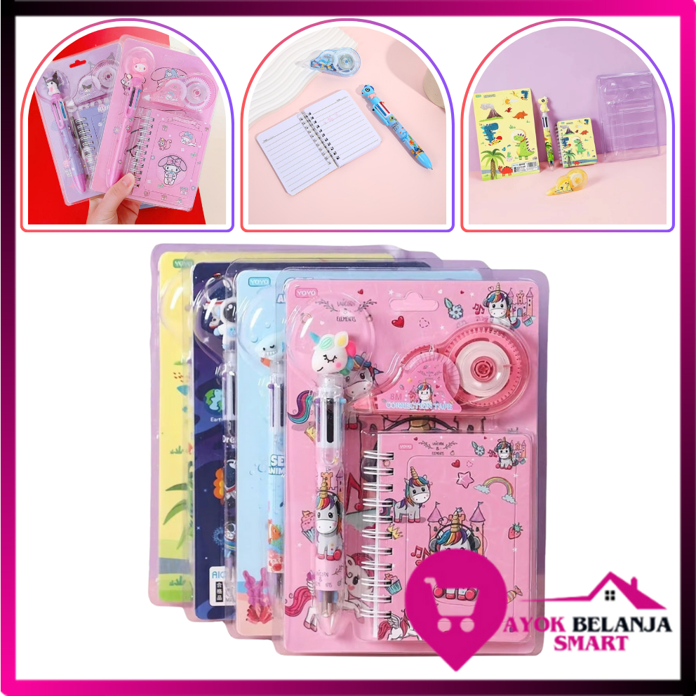 

ABS Alat Tulis Set 3IN1 Stationery Set Lucu Karakter Kartun + Correction Tape Perlengkapan Sekolah Anak-Anak TK Souvenir Ulang Tahun Anak Alat Tulis 3 IN 1 Stationery Gift Set Children Day Gifts Cartoon Six-Color Ballpoint Pen with Correction Tape