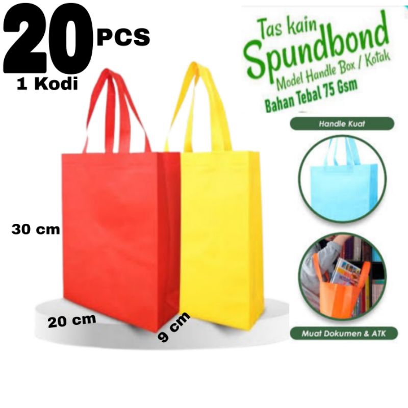 

1 Kodi Tas Kain Spunbond Goodiebag Handle Alas Box HBPA Ukuran 20x30x9 cm Souvenir, Ulangtahun, Taskado, Sembako, Belanja, Pernikahan, Seminar