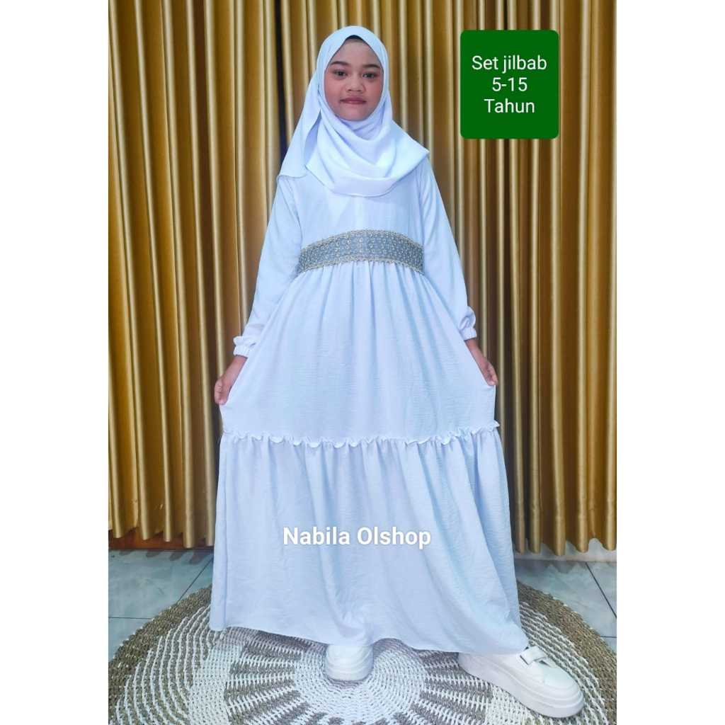 Gamis Anak Perempuan Set Jilbab Putih  5 - 15 Tahun