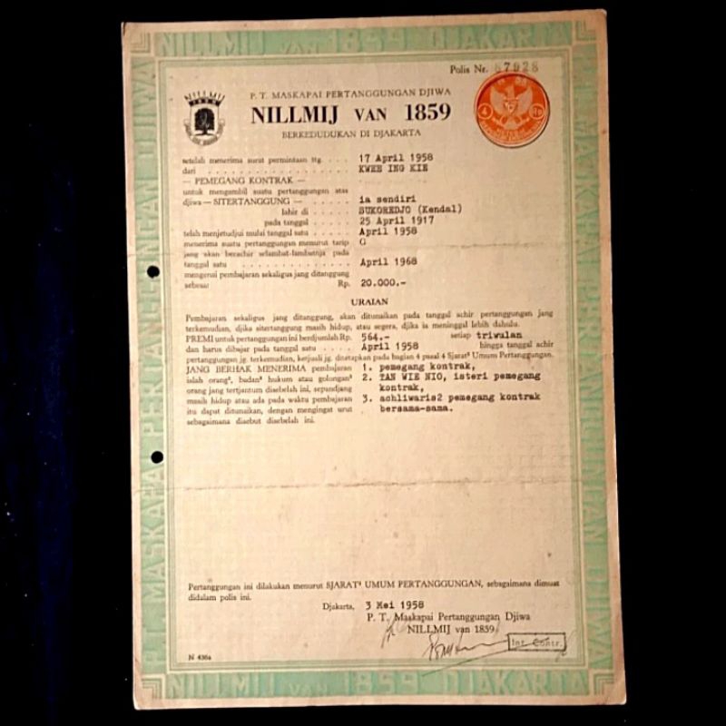 Antik Surat Obligasi Lama PT.Maskapai Pertanggungan Djiwa NILLMIJ 1958