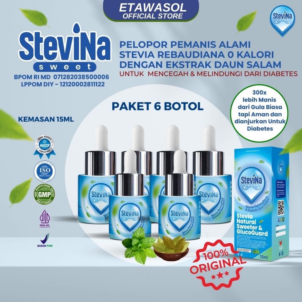 

Stevina Sweet Pemanis Alami 0 Kalori plus Herbal Daun salam Pengganti Gula Untuk Menurunkan Kolestrol Kemasan 6 Botol 15ml