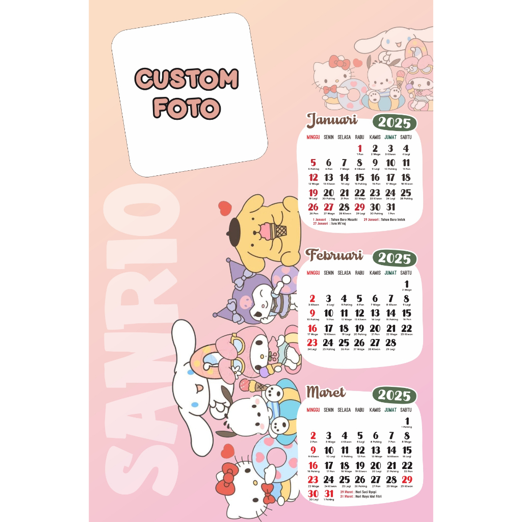 

Kalender Custom Foto 2025 , Series Sanrio , Kalender Dinding 3 BULANAN / BISA DESAIN SESUAI PERMINTAAN