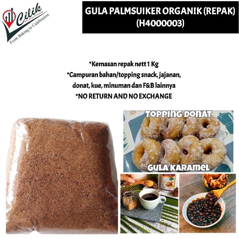 

gula palm palmsuiker sugar organik manis bersih kemasan repack topping minuman bahan kue bolu karamel caramel bubble donat kue cupcake snack dessert cemilan jajanan makanan roti