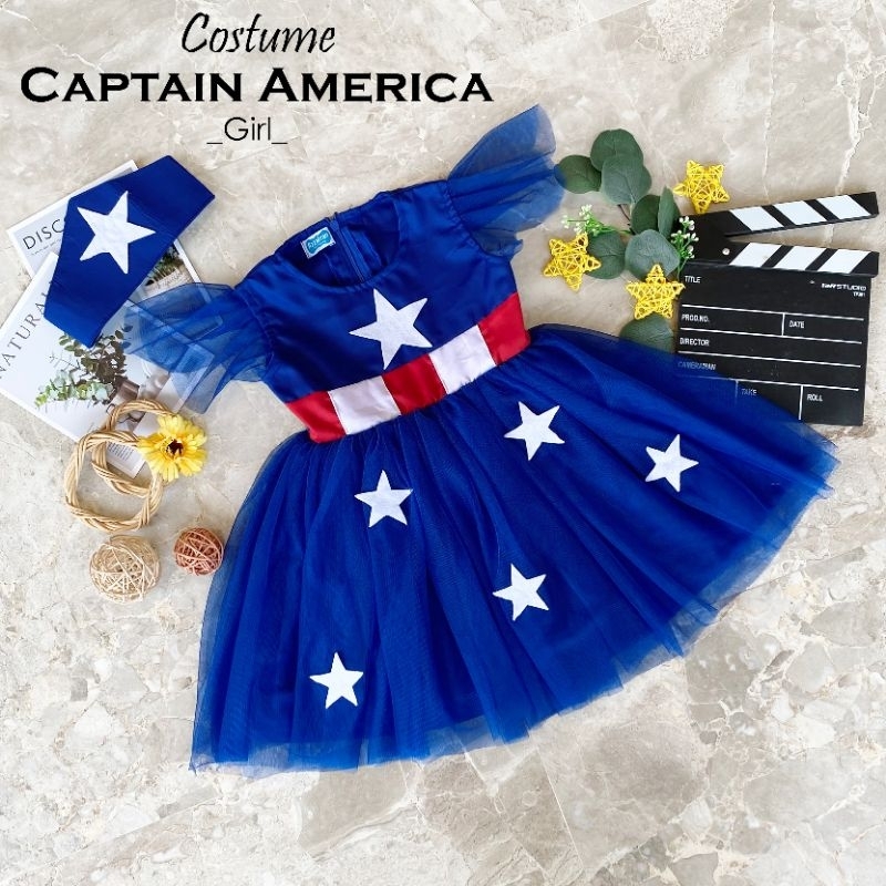 captain america costume/kostum captain amerika anak perempuan/baju captain america anak perempuan/dr