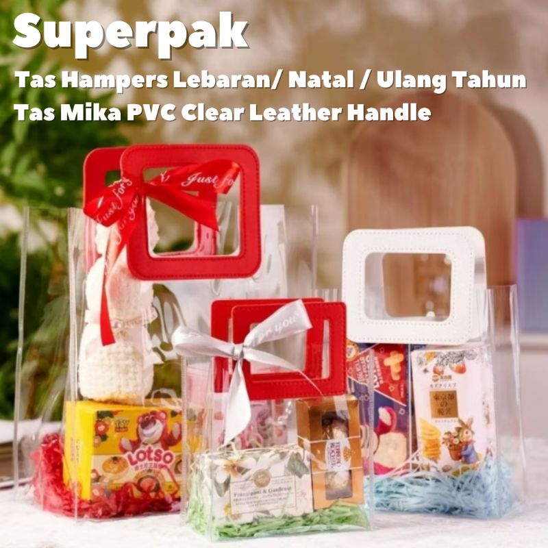 

[Harga 10pcs] Tas Mika PVC 25x14x28 Bening Transparan Gagang Kulit / Tas Hampers Souvenir Goodie Bag Ulang Tahun Lebaran Imlek Natal Premium