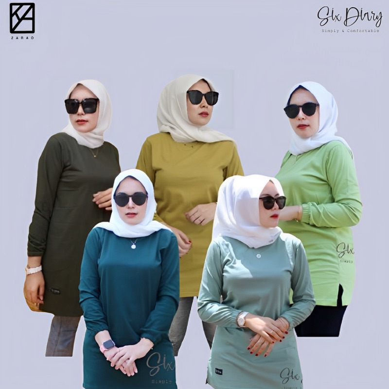 Six Diary Tunik kaos lengan panjang kerut bahan cotton terbaru atasan wanita polos