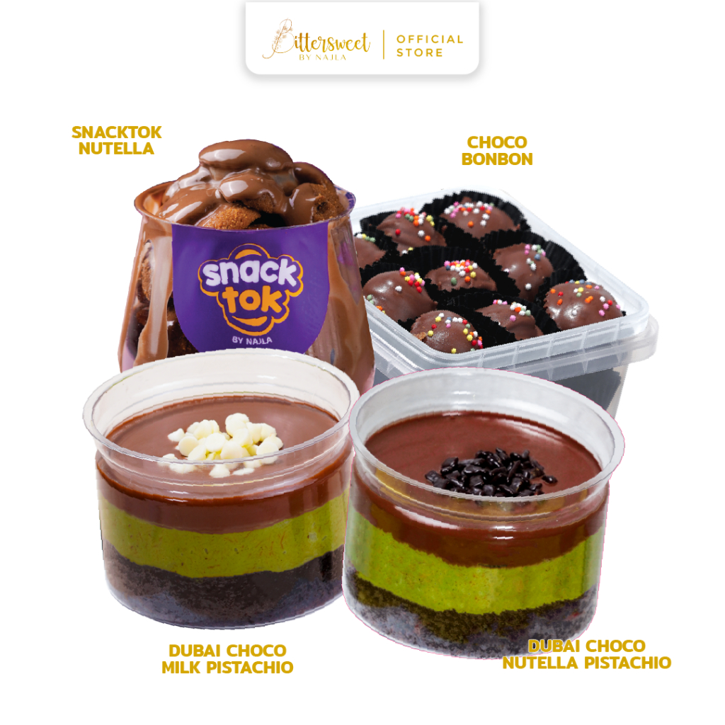 

2 Dubai Choco ( Milk Pistachio + Nutella Pistachio ) + Snacktok Full Cookies Nutella + Choco Bonbon ( New Year )