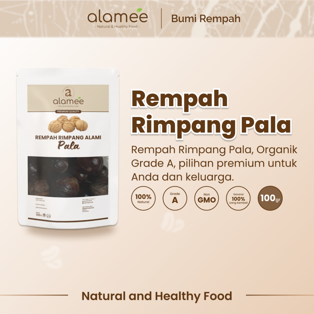 

ALAMEE Biji Pala Utuh Rempah Kering Nutmeg Whole Rimpang Organik Alami Bumbu Seasoning Masakan 100gr