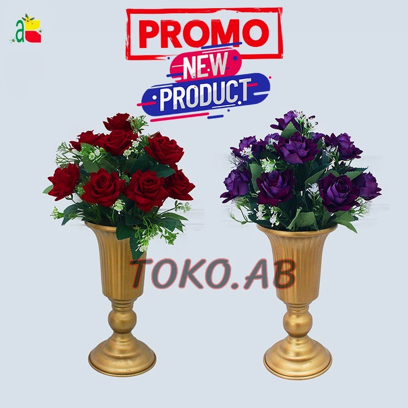 PROMO PRODUK BARU 1 SET RANGKAIAN BUNGA MAWAR ARTIFICIAL VAS PIALA GOLD BESI MEJA RUANG TAMU RB6126