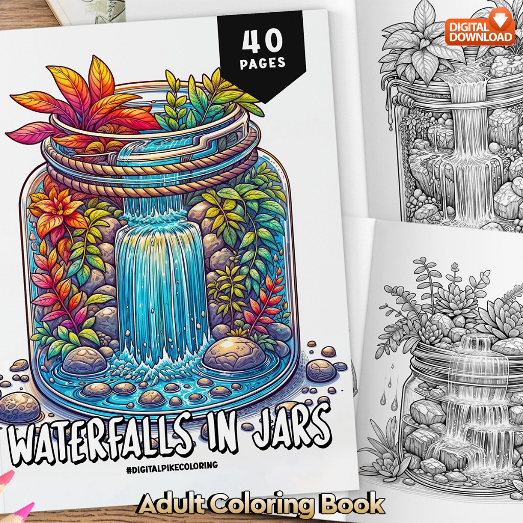 

40 Pages Buku Mewarnai Dewasa - Digital Download - Printable Adult Coloring Book - Waterfalls in Jar