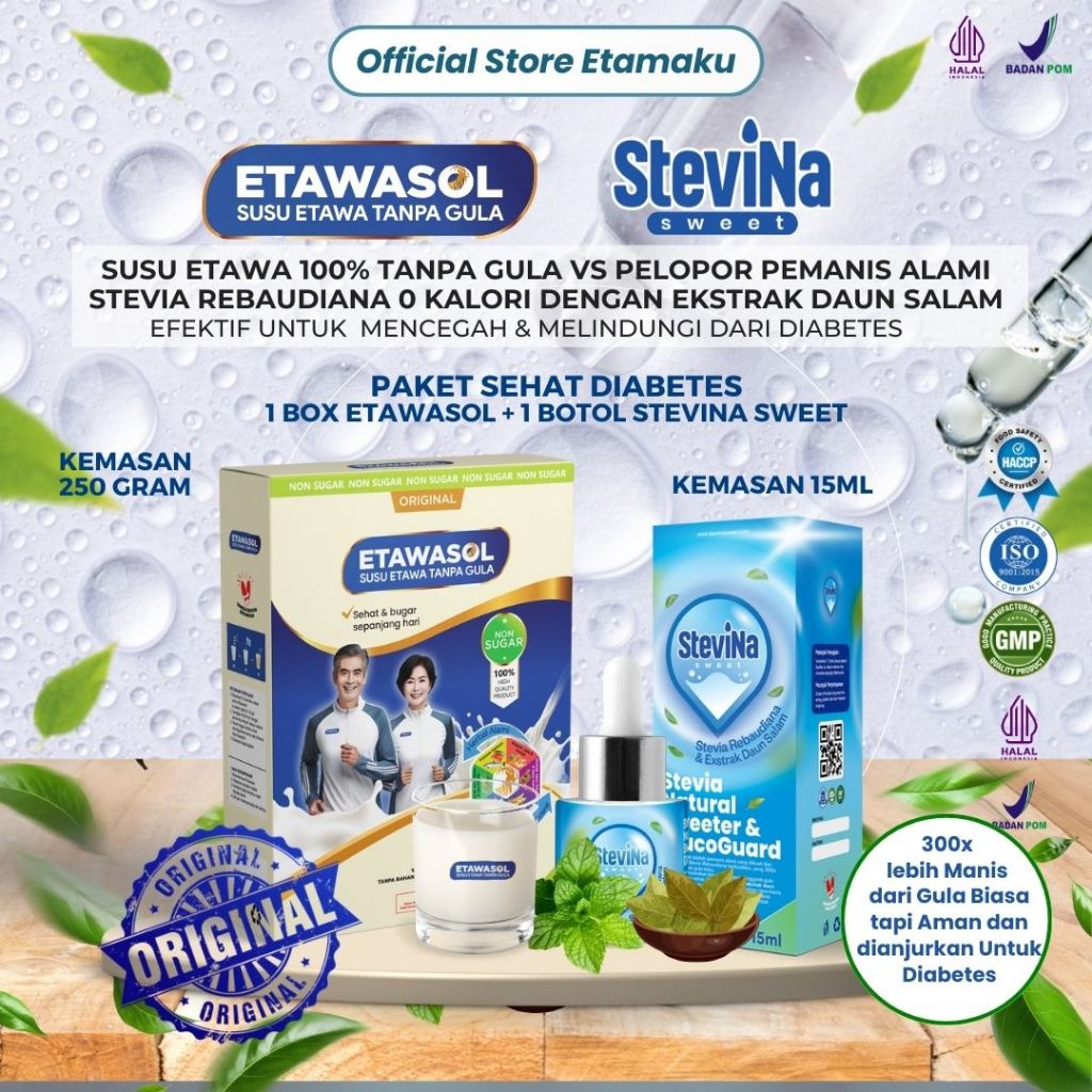 

Paket Sehat Diabetes 1 Box Etawasol&1 Botol Stevina Sweet Untuk Kesehatan Jantung 0Kalori