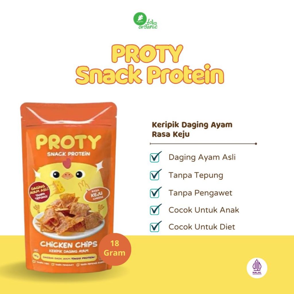 

PROTY Chicken Chips Rasa Keju (18gr) Keripik Daging Ayam , Kripik Sehat Tinggi Protein, Camilan Sehat untuk Anak