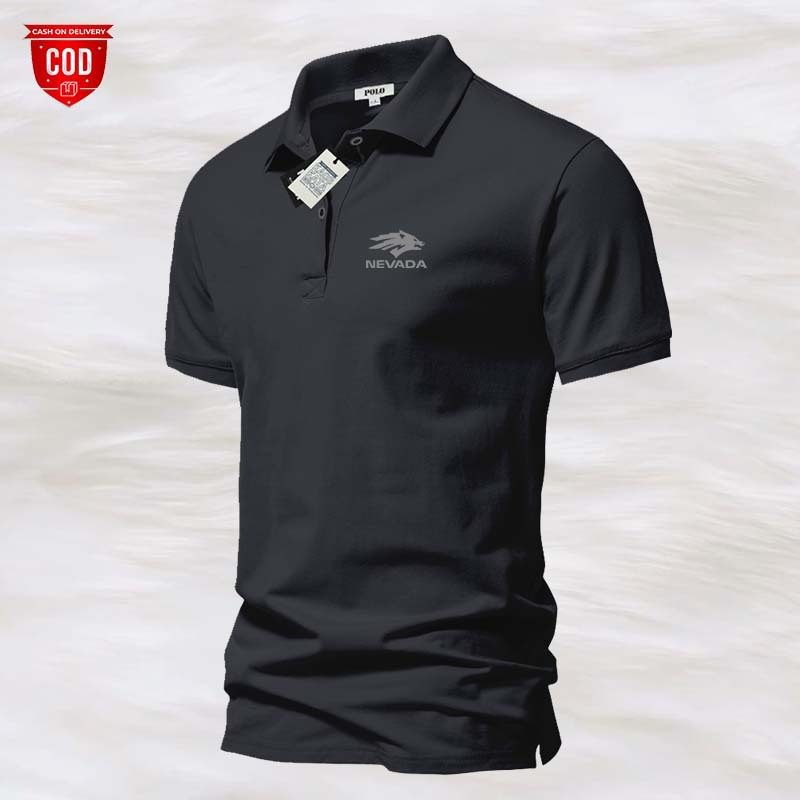POLO SHIRT PRIA baju kaos kerah / kaos berkerah Nevada Text Logo Silver Kiri / Kaos Polo Atasan Tshi