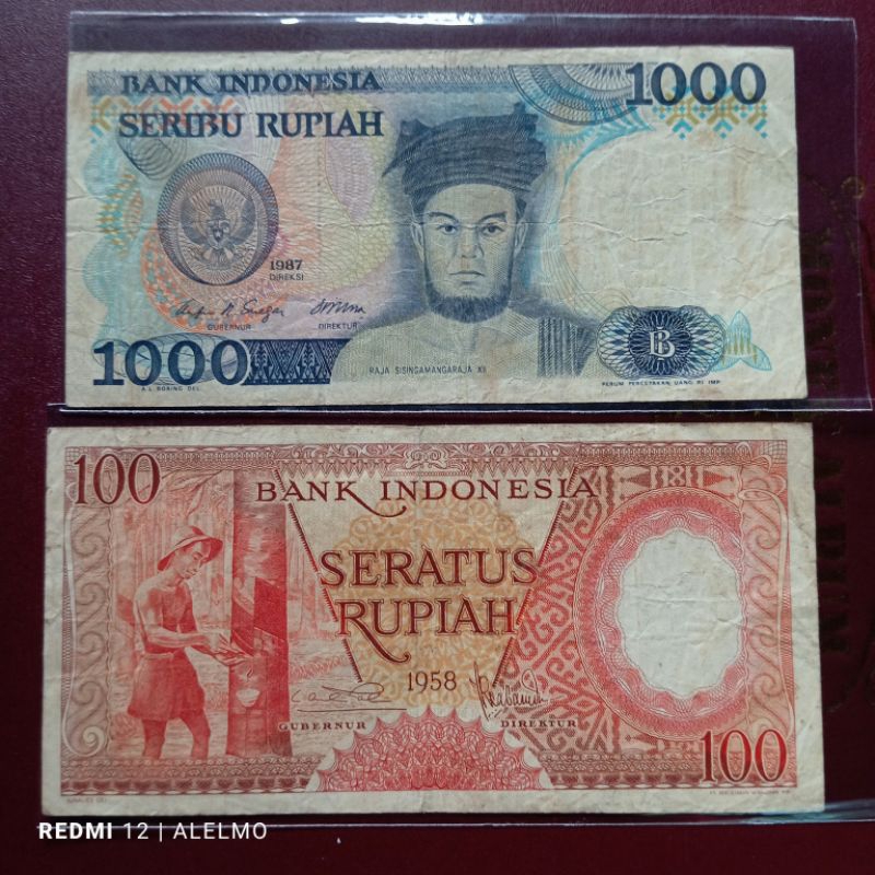 2 lembar uang kertas kuno indonesia 100+1000 bekas asli