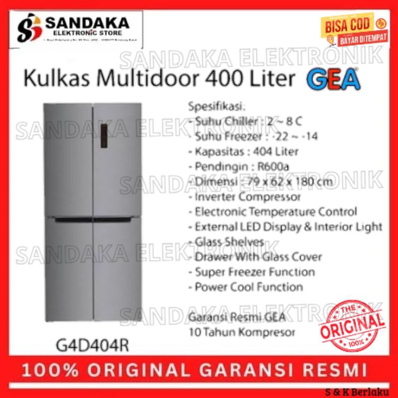 kulkas 4 pintu side by side gea 404liter inverter G4D 404 inox garansi resmi promo
