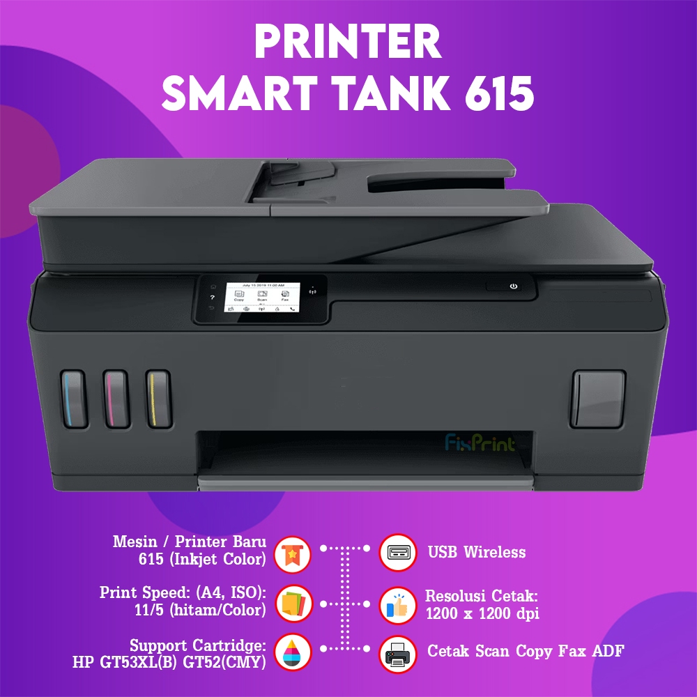FixPrint Printer HP Smart Ink Tank 615 WiFi Print Scan Copy Fax ADF Wireless